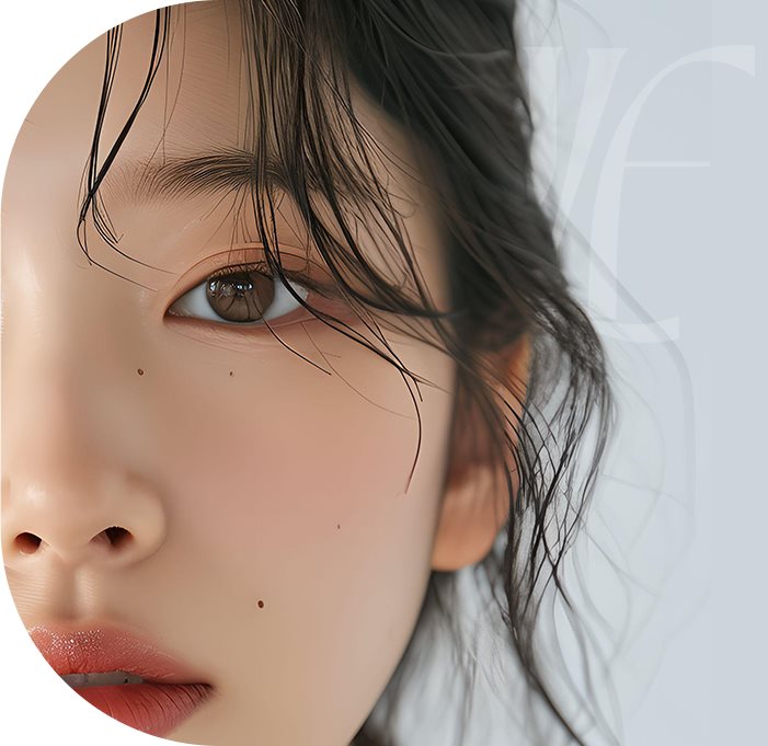 젖은 머리카락이 흘러내린 여성의 눈가 클로즈업